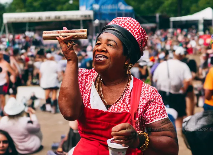 Image similar to photo still of aunt jemima in period attire at vans warped tour!!!!!!!! at age 4 0 years old 4 0 years of age!!!!!!! on stage pouring maple syrup on the crowd, 8 k, 8 5 mm f 1. 8, studio lighting, rim light, right side key light