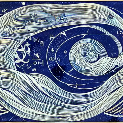 Image similar to beautiful wave made of mathematics, art nouveau, equations, astronomical, stars, equation fish, equation water, equation wave, math sea. museum of modern art