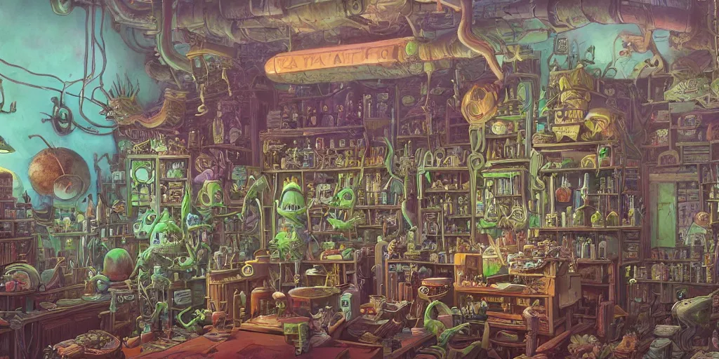 Prompt: a beautiful and highly detailed painting of an aaahh!!! Real Monsters apothecary by James Gurney and beeple | Unreal Engine: .4 | graphic novel, illustration: .5