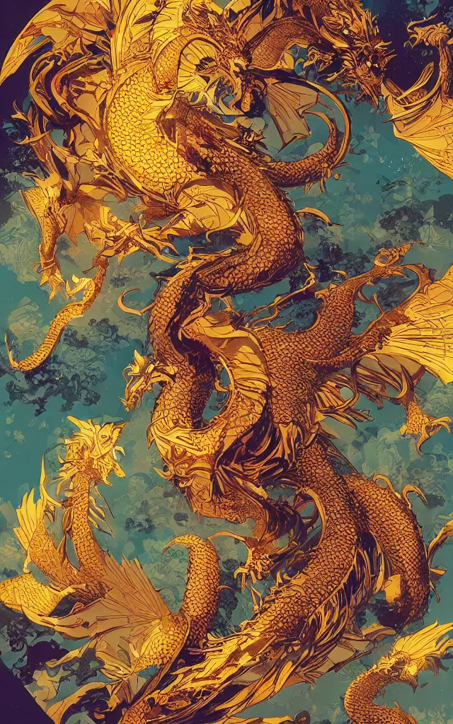 Image similar to the golden dragon ， by victo ngai, andreas rocha, john harris and feng zhu and loish and laurie greasley,