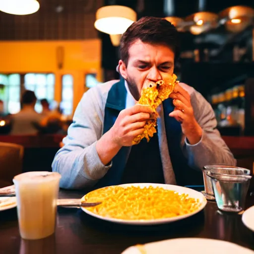 Prompt: a man standing in a busy restaurant while mac n' cheese projectile vomits from his open mouth. The cheese is everywhere. Photograph.