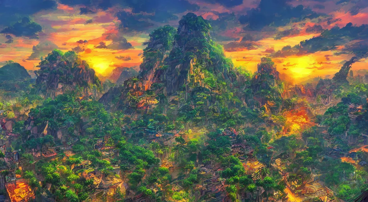 Image similar to saigon jungle mountains sunset sky rice patties beautiful artstation 4 k breathtaking illustration cartoon by jack kirby artstation concept art matte painting