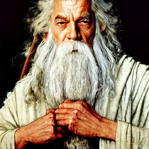 Image similar to Gandalf Stormcloak head and shoulders portrait by norman Rockwell, epic