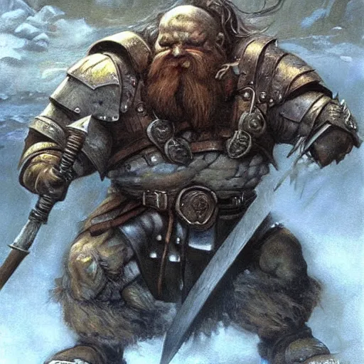 Image similar to Dwarven iron guard fighting a troll. lotr. Epic painting by james gurney.