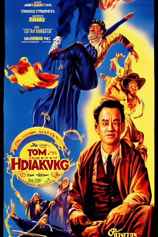 Prompt: vintage movie poster hanksgiving, tom hanks, turkey, a wizard, lightning, 1 9 8 2, drew struzan inspiration