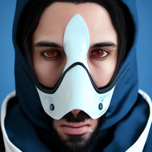 Image similar to a highly detailed, portrait of a man with black hair with a black medical mask, in a hood in the form of a blue shark with white teeth, artstation, DeviantArt, professional, octane render, digital art