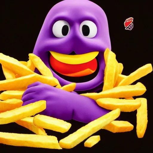Prompt: real color photograph of grimace violently eating French fries