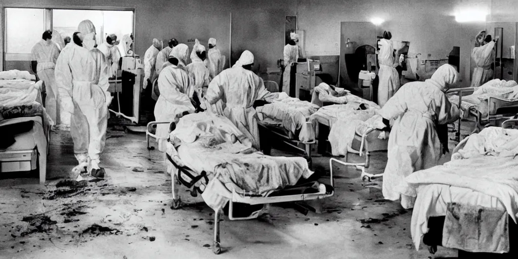 Prompt: An overcrowded disgusting hospital with bad standards, plague, bodies, horror movie, the outbreak can't be contained, 1950's