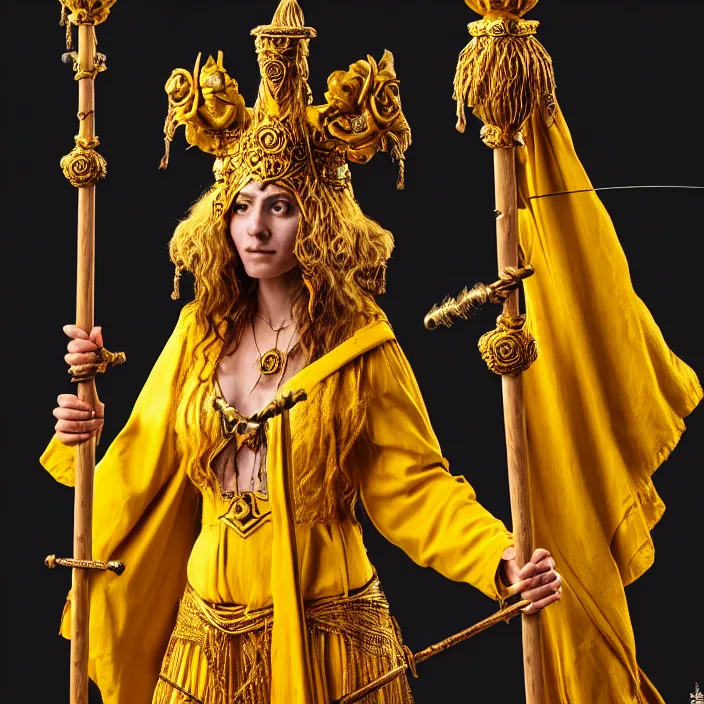 Image similar to photograph of a real-life beautiful sun witch with ornate yellow robes and staff. Extremely detailed. 8k