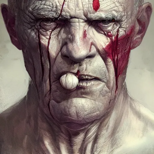 Image similar to close-up, symmetrical, portrait of an old man, bruised, scarred, marvel art, art by greg rutkowski, matte painting, trending on artstation