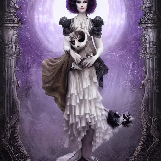 Image similar to picture generation, soft painting curiosities carnival, beautiful cat anthropomorphic in full long dress, accurate features, focus, very intricate ultrafine details, black white purple volumetric clouds, award winning masterpiece, octane render 8 k hd, tom bagshaw artstyle