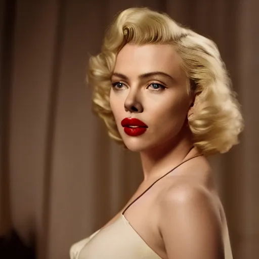 Image similar to stunning awe inspiring scarlett johansen as marilyn monroe, movie still 8 k hdr atmospheric lighting