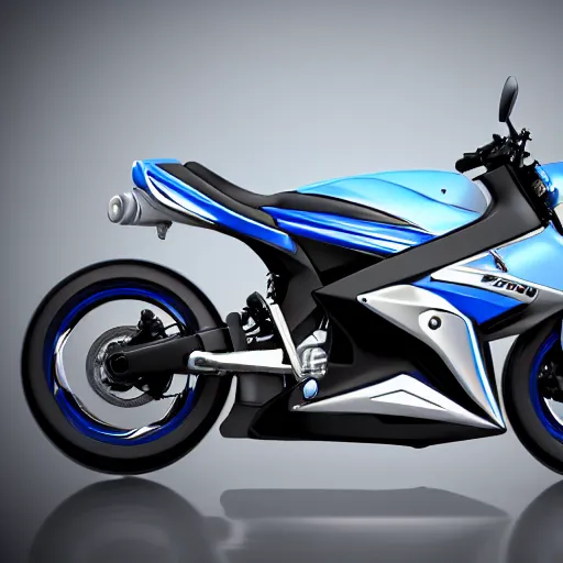 Image similar to futuristic suzuki, touring motorbike, designed by professional artist, dirt splashes, industrial design, desert background, brushed white and blue paint, black wheel rims, dark enviroment, dramatic lighting, hyper realistic rendering, octane, depth of field, bokeh effect, 1 5 0 mm