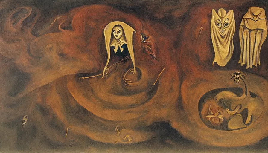 Image similar to The Witches of the Shore, surreal painting of Remedios Varo and Leonara Carrington (1950), oil painting, fresh blood and gold leaf