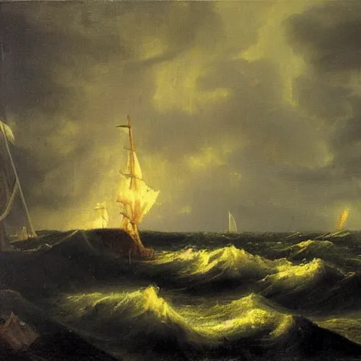 Image similar to dutch master style oil painting of a stormy night at sea, high art