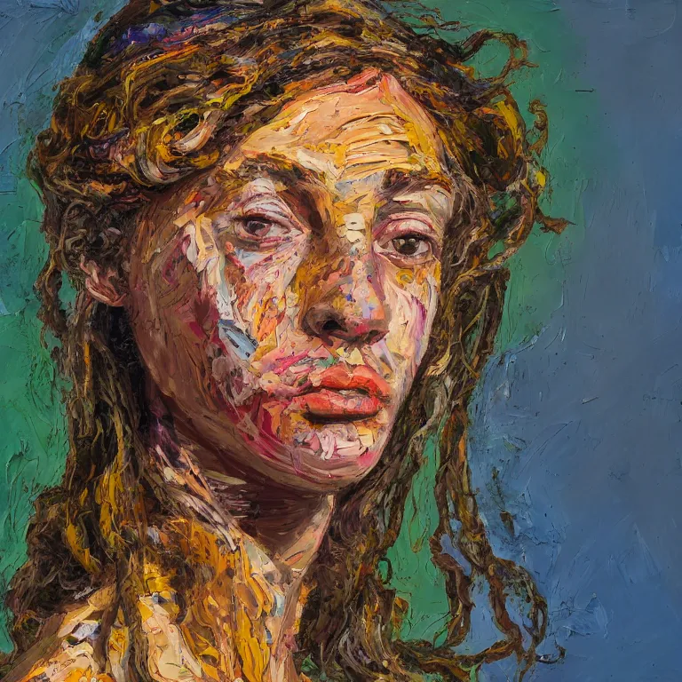 Image similar to close up studio portrait of Sweet faced hippy chick with her hair in a bandana in 1972, impasto heavy brushstrokes oil painting by Lucian Freud and Tim Hawkinson and Cy Twombly, Intense colors trending on artstation dramatic lighting Expressionism