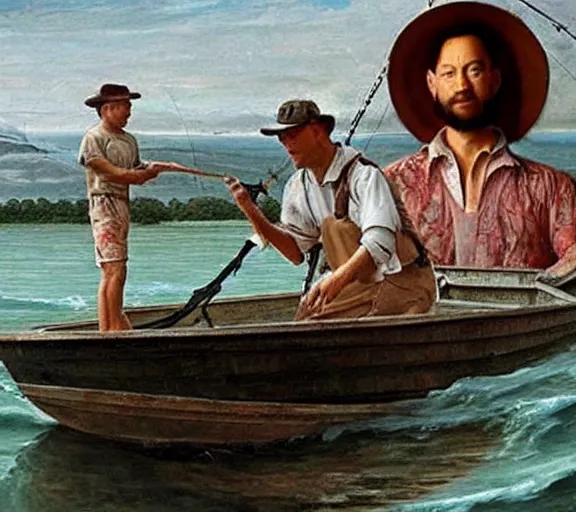 Image similar to Tom hanks as forrest gump fishing for shrimp in a giant shrimp boat, realistic face, renaissance painting, amazing detail