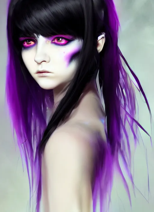 Prompt: hair blackbangs hair, white cyberlox, portrait of normal teenage girl, normal face, black bangs, messy bangs, fluffy bangs, cyberlox, whitebangs, red contact lenses, purple background, intricate, elegant, highly detailed, digital painting, artstation, concept art, sharp focus, smooth, illustration, art by wlop, mars ravelo and greg rutkowski