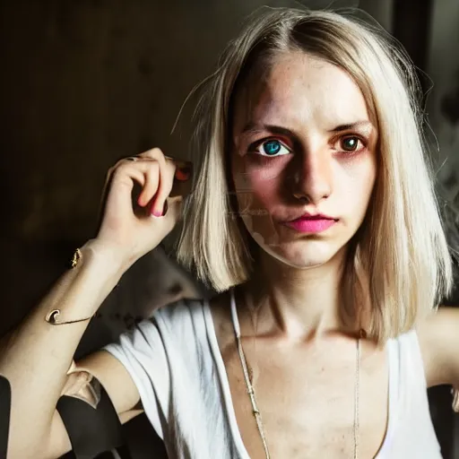 Prompt: hyperdetailed photo of a serious skinny woman with light eyes in front of a dark cybercity, short blonde straight hair, hollow cheeks, wearing transparent t - shirt, braless, inside berghain, classic, photo 3 5 mm leica, hyperdetail, 8 k, very detailed, fine face