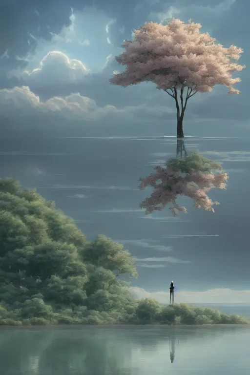 Image similar to a distant! sakura tree on a lake, viewed from afar, stephen bliss, misty, unreal engine, fantasy art by greg rutkowski, loish, rhads, ferdinand knab, makoto shinkai and lois van baarle, ilya kuvshinov, rossdraws, tom bagshaw, global illumination, radiant light, minimalist, detailed and intricate environment