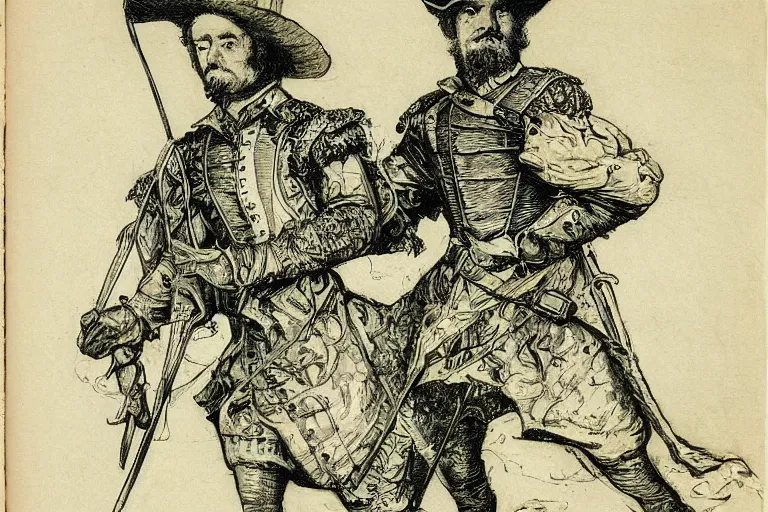 Prompt: 1 7 th century musketeer by ed fairburn, joseph clement coll, franklin booth, green