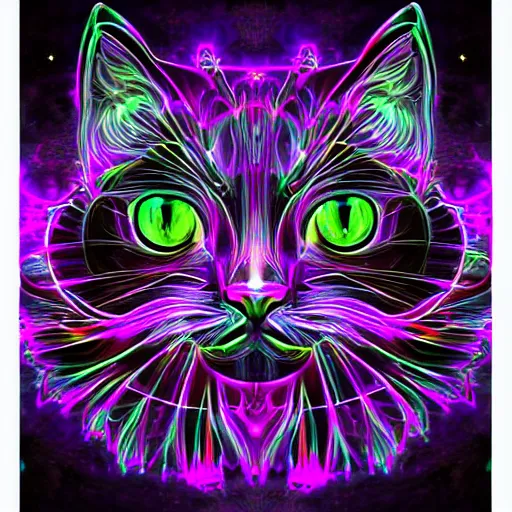 Prompt: concept character colorful fractal cute cat glowing luminescent detailed filigree on black background 4 k