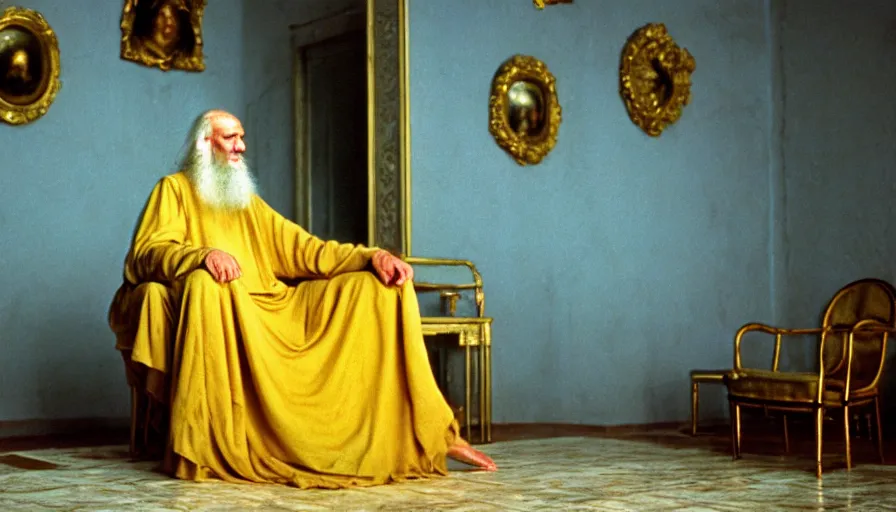 Prompt: 1 9 7 0 s movie still by tarkovsky of elder socrates in blue drapery in a yellow neoclassical square with collums, cinestill 8 0 0 t 3 5 mm, high quality, heavy grain, high detail, panoramic, ultra wide lens, cinematic composition, dramatic light, anamorphic, dof, piranesi style