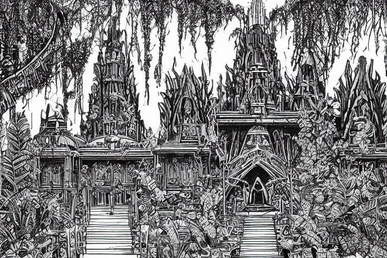 Image similar to stunning ink illustration of a temple complex in a jungle clearing in a fusion of star wars and gothic revival architecture