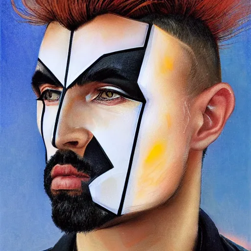 Image similar to an award finning closeup facial portrait by akseli kallen gallela luis rogyo and john howe of a handsome male cyberpunk traveller clothed in excessivelyg fashionable 8 0 s haute couture fashion and wearing a striking geometric face paint