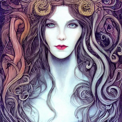 Image similar to character concept portrait of a beautiful woman with pale full face, medusa, headful of snakes, arthur rackham, blue / grey eyes, elegant, digital painting, art nouveau, smooth, focus, red glow