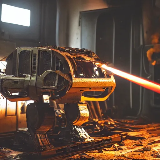 Image similar to head of toaster oven mecha, dark messy smoke - filled cluttered workshop, dark, dramatic lighting, orange tint, cinematic, highly detailed, sci - fi, futuristic, movie still