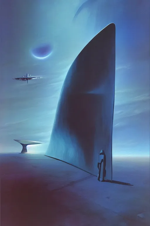 Image similar to emissary space by arthur haas and bruce pennington and john schoenherr, cinematic neon matte painting, zaha hadid building, photo realism, dark color palate, blue hour, james terrell art,