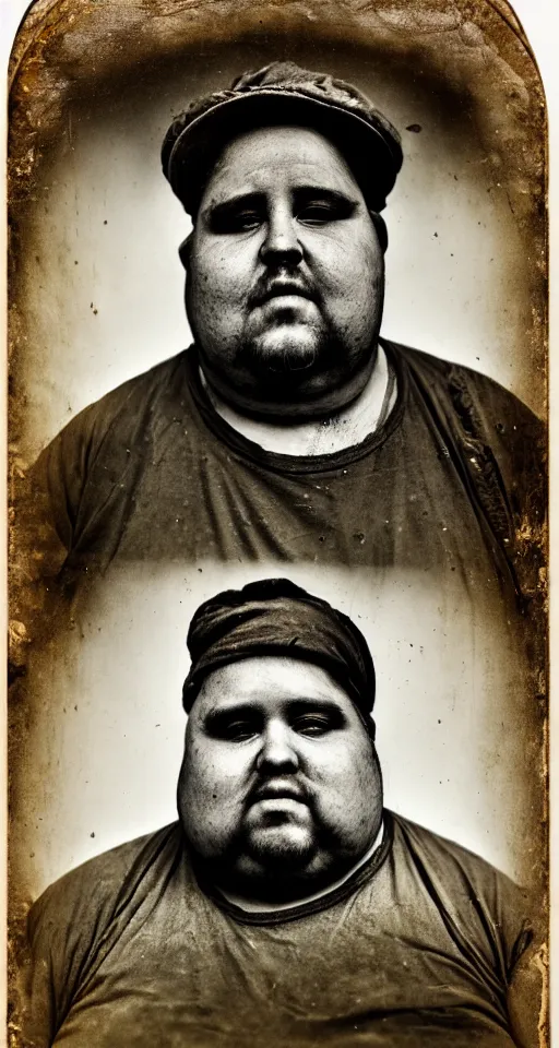 Prompt: a highly detailed digital collodion photograph, a portrait of a very obese carpenter