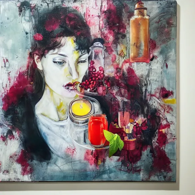 Prompt: “ sensual portrait of a female art student in her apartment, fresh fruit, berries, plants in scientific glassware, art materials, candle wax, berry juice drips, neo - expressionism, surrealism, acrylic and spray paint and oilstick on canvas ”