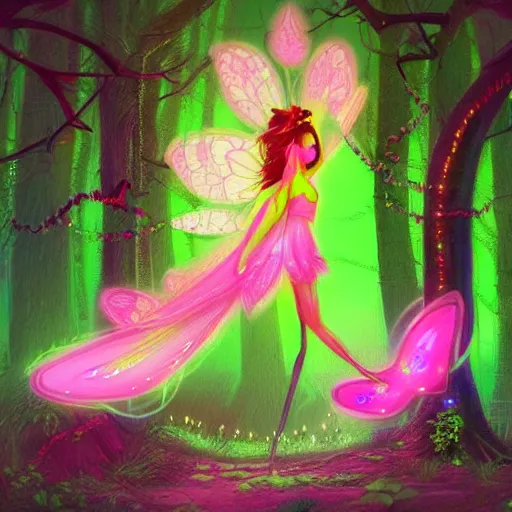 Prompt: neon fairy princess clothing store in a woodland grove, neon wings beautiful colorful pretty artistic 4 k artstation trending dramatic lighting realistic floral garden blooming flowers