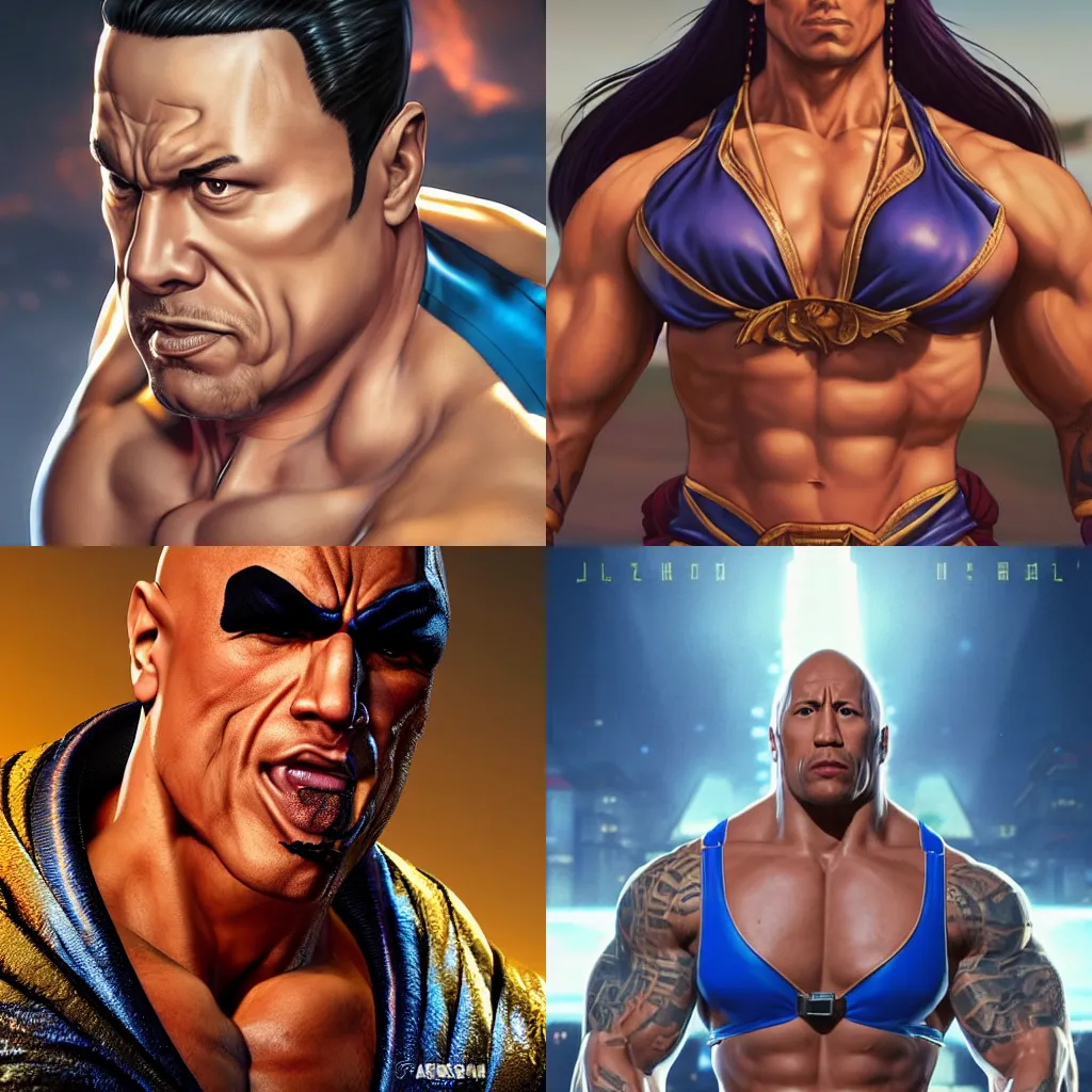 Prompt: male face reminiscent of dwayne johnson with chun li outfit from street fighter, dwayne johnson wearing chun li's bikini, intricate, epic lighting, cinematic composition, hyper realistic, 8k resolution, unreal engine 5, by Artgerm, tooth wu, dan mumford, beeple, wlop, rossdraws, James Jean, Andrei Riabovitchev, Marc Simonetti, yoshitaka Amano, Artstation