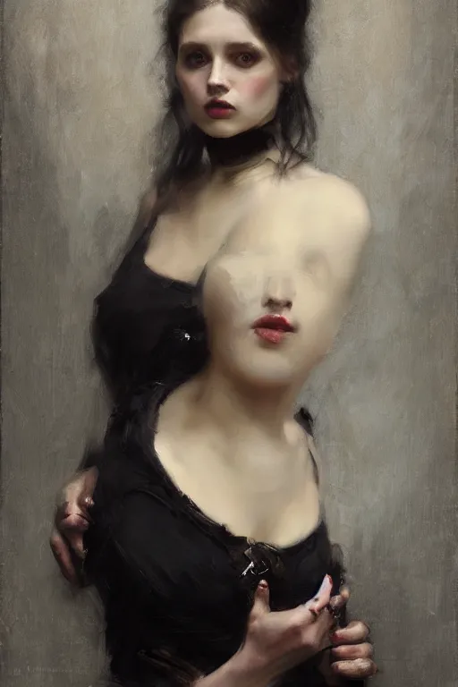 Prompt: Richard Schmid and Jeremy Lipking and Roberto Ferri full length portrait painting of a young beautiful victorian steampunk goth woman