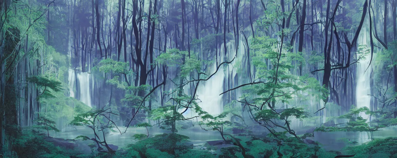 Image similar to deep forest, an old ship in the middle of the forest, rainbow river waterfall, striking composition, huge scale, gentle mists, subtle color variations, highly detailed, a white robed benevolent magician clothed in a royal garment in contemplation meditating upon God, by Eyvind Earle and Mary Blair