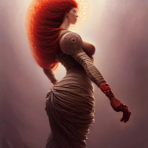 Image similar to low angle shot of a woman seen from the back with red wires , intricate, elegant, highly detailed, centered, digital painting, artstation, concept art, smooth, sharp focus, illustration, artgerm, Tomasz Alen Kopera, Peter Mohrbacher, donato giancola, Joseph Christian Leyendecker, WLOP, Boris Vallejo