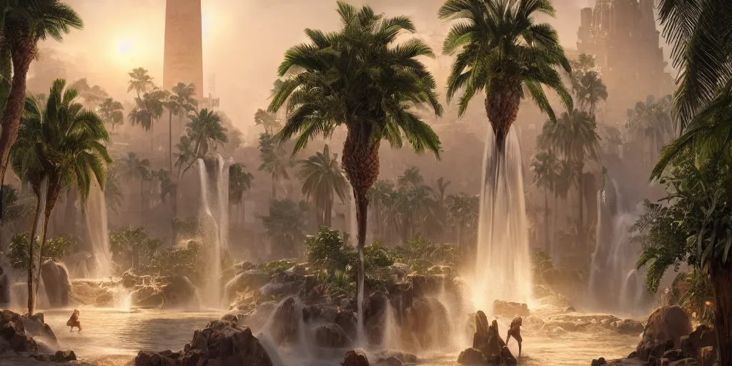 Image similar to beautiful oasis waterfalls surrounded by palm trees, moroccan tile archways, date trees, ivory towers, sun setting, ross tran, nephilim, pyroclastic flow, ethereal, fantasy, james jean, oozium, peter morbacher angelarium alchemy luxury heavenly light soft illumination, trending on artstation, cinematic lighting, digital painting, octane render, artgerm