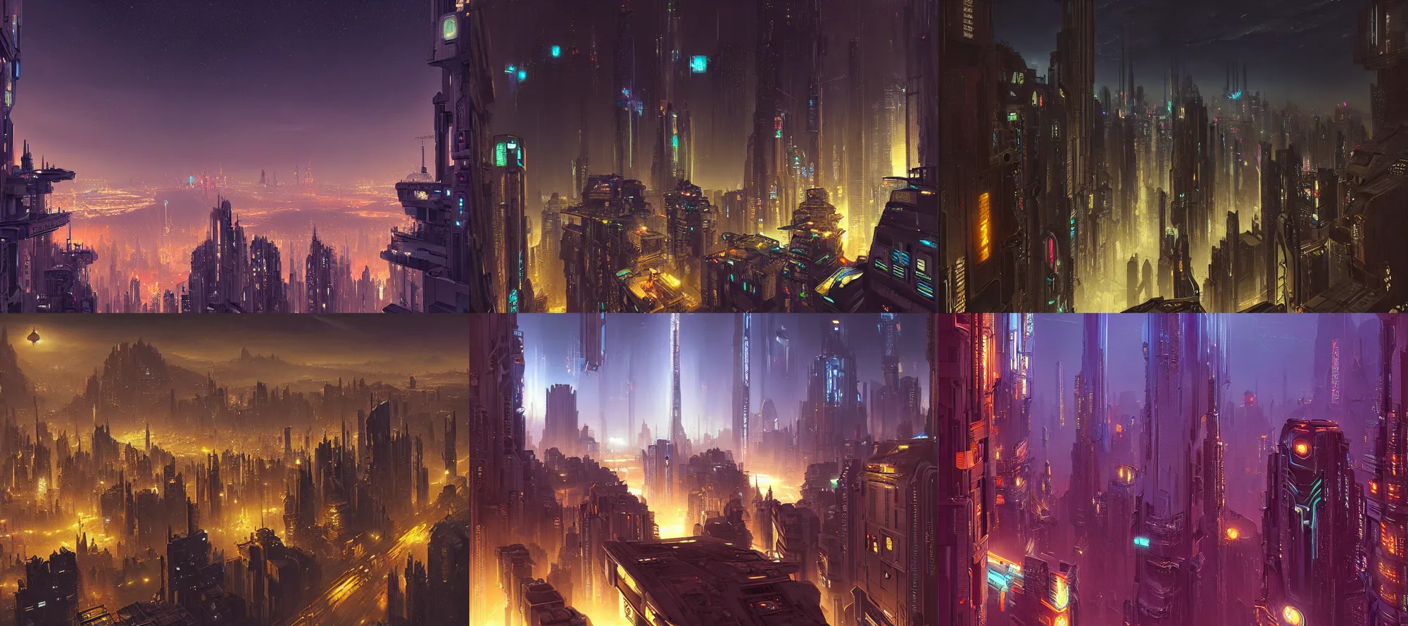 Prompt: night on nar shaddaa, cyberpunk, overhead view, distance shot, painting by raphael lacoste