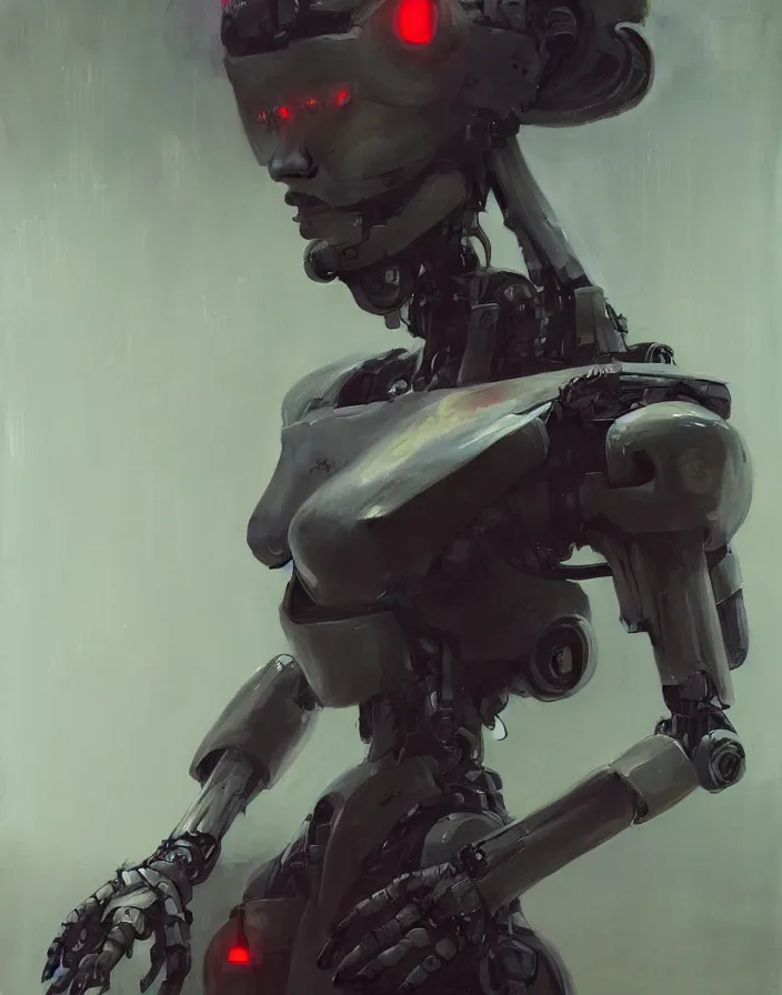 Image similar to portrait of a geisha robot by greg rutkowski and ruan jia, mecha, washed colors, dark, gloomy, matte painting, unreal engine 5