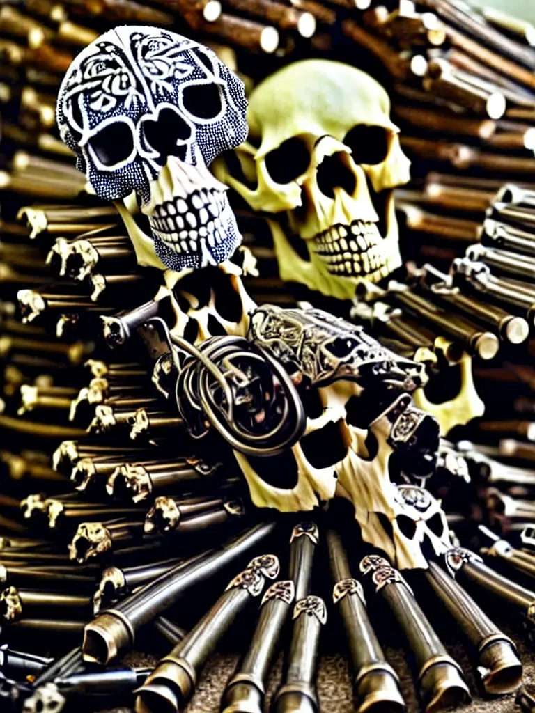 Prompt: animal skull made of rifles, skull made of revolvers, ultra-realistic, intricate details photograph