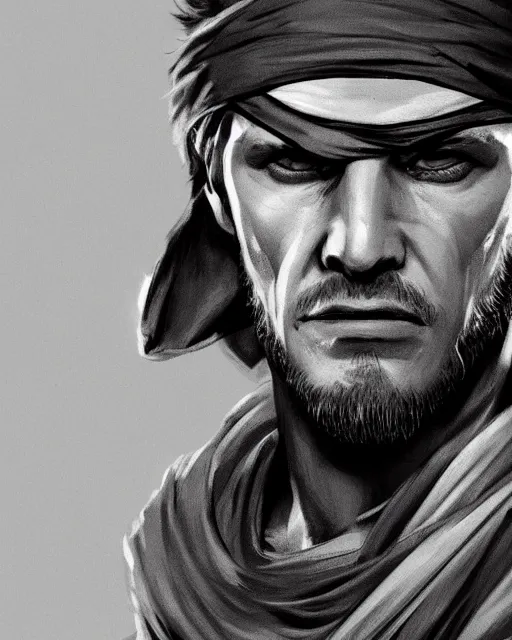 Prompt: solid snake wearing bandana on head portrait, cinematic lighting, backlit face, tired expression, close - up, black atmospheric background, 4 k ultra detailed digital photoshop painting, best of artstation hdr, official artwork hdr