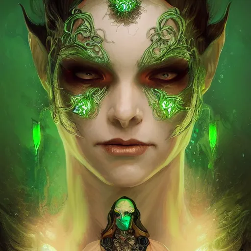 Prompt: portrait of a evil necromancer with green glowing eyes, D&D, fantasy, intricate, elegant, highly detailed, digital painting, artstation, concept art, smooth, sharp focus, illustration, art by artgerm and greg rutkowski and alphonse mucha