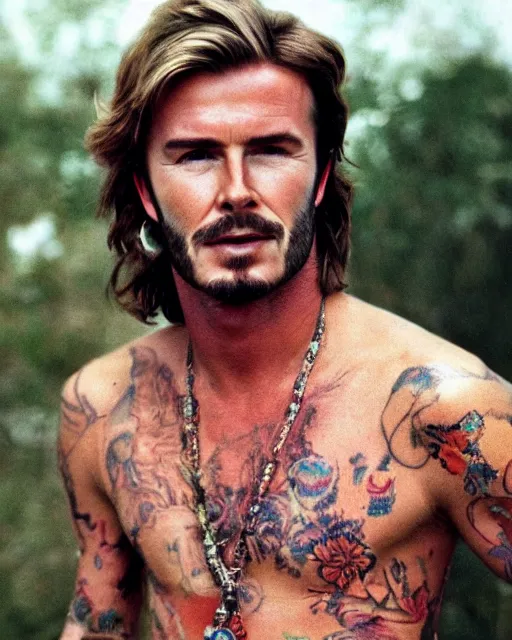 Image similar to a portrait of a 1 9 6 0 s hippie looking like david beckham