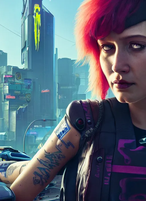 Image similar to portrait of a female truck driver as a character in Cyberpunk 2077, looking at camera, intricate, elegant, sci-fi, extremely detailed, digital painting, artstation, concept art, smooth, sharp focus, illustration, ambient lighting, incredible art by artgerm and greg rutkowski and alphonse mucha and simon stalenhag