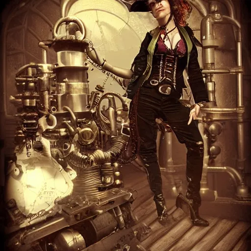 Image similar to a steampunk pirate on his ship with her mechanical crew