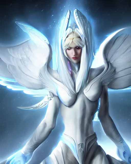 Image similar to perfect white haired attractive egyptian goddess with huge white dove wings, warframe armor, beautiful, symmetric, dreamy, half asian, pretty face, blue eyes, detailed, scifi platform, laboratory, experiment, 4 k, ultra realistic, epic lighting, android body, illuminated, cinematic, masterpiece, art by akihito tsukushi, voidstar