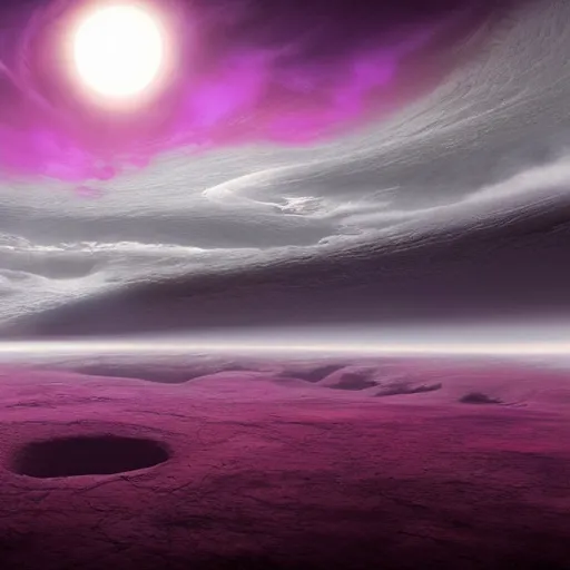 Image similar to empty planet with enormous deserts, covered with purple fog, concept art, DeviantArt, art station, illustration, highly detailed, artwork,cinematic,hyper realistic